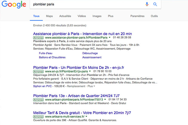 Urgence plombier Paris Google